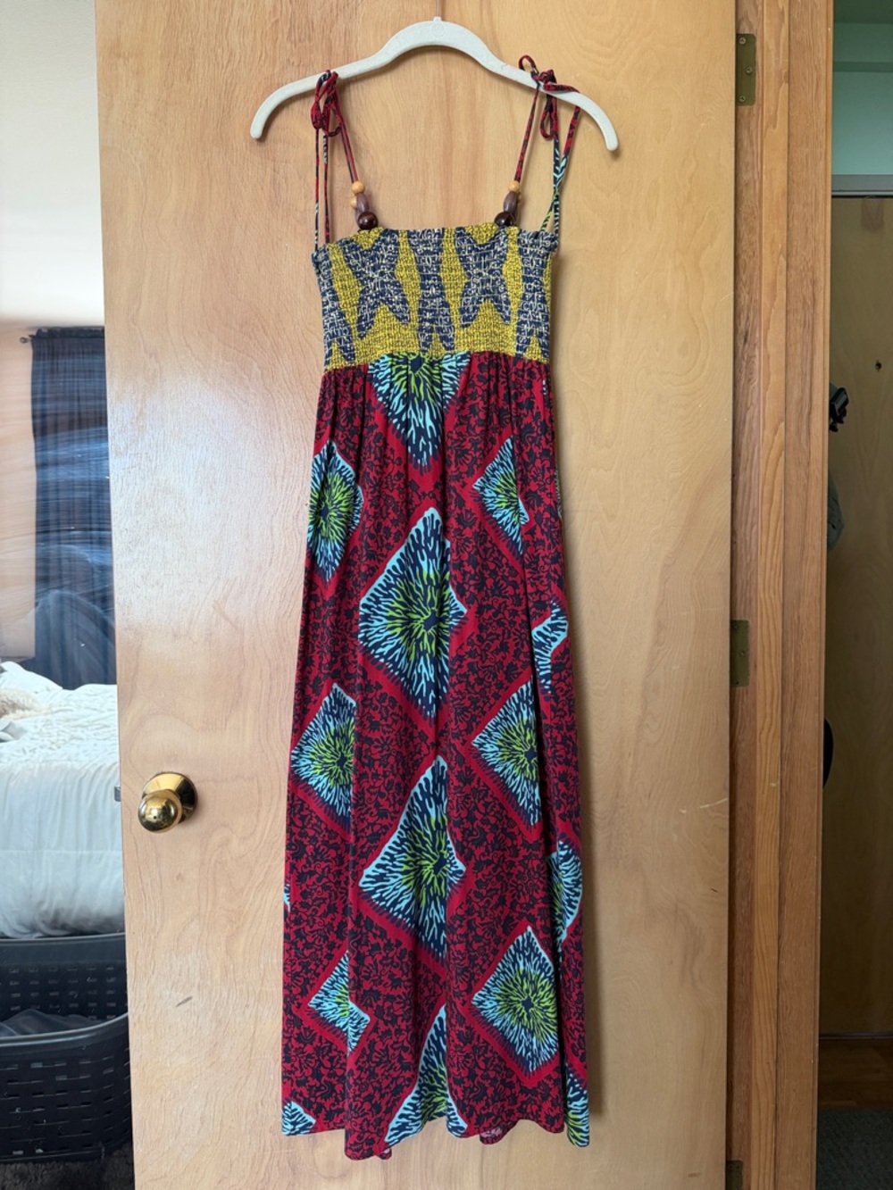 Anthropologie Red Maxi Dress with Yellow and Blue-Green Accents